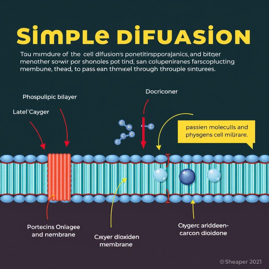 A detailed illustration of a cell membrane, showcasing the structure and features of simple diffusion