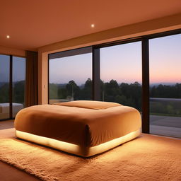 A cozy yet modern bedroom design featuring warm led lights, a plush king-size bed, soft beige carpet, minimalist furniture, and large windows showcasing a serene outdoor view.