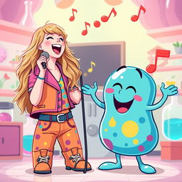 A whimsical scene featuring Taylor Swift joyfully singing alongside a friendly cartoonish enzyme character