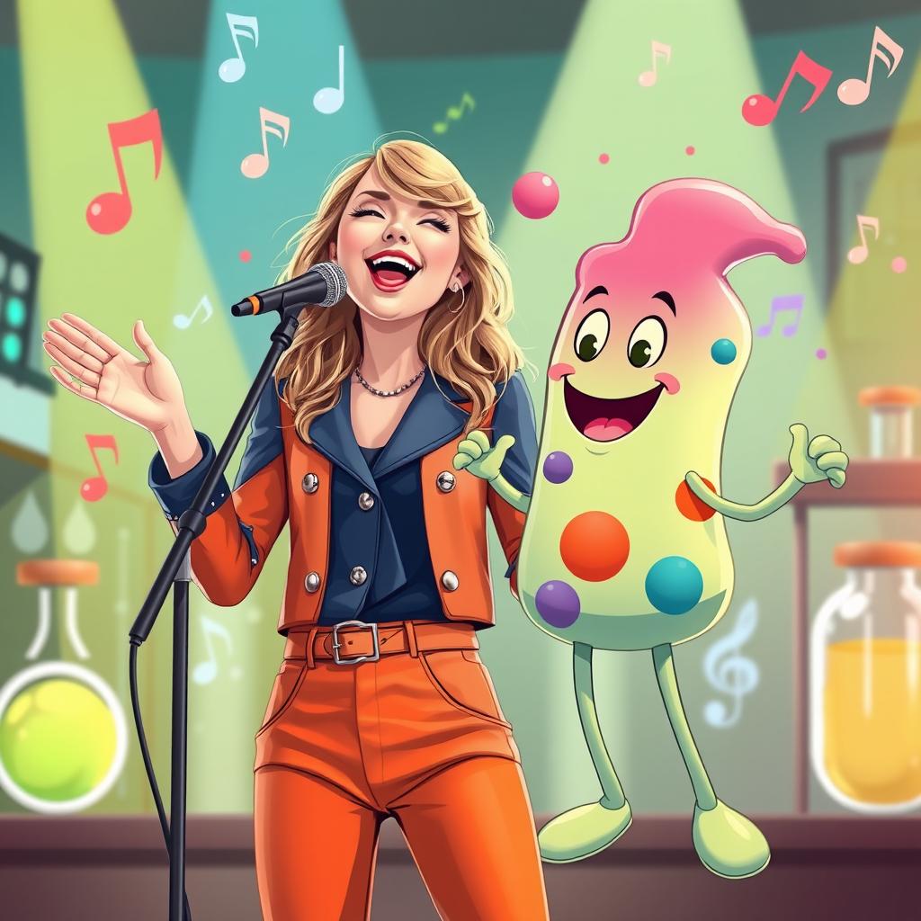 A whimsical scene featuring Taylor Swift joyfully singing alongside a friendly cartoonish enzyme character