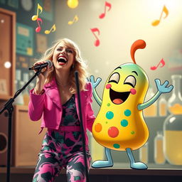 A whimsical scene featuring Taylor Swift joyfully singing alongside a friendly cartoonish enzyme character