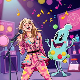 A whimsical scene featuring Taylor Swift joyfully singing alongside a friendly cartoonish enzyme character