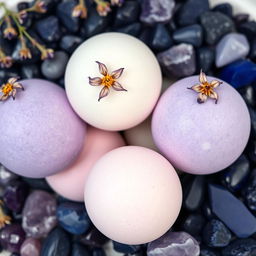 An aesthetically pleasing arrangement of single-colored bath bombs, each featuring a smooth, clean surface