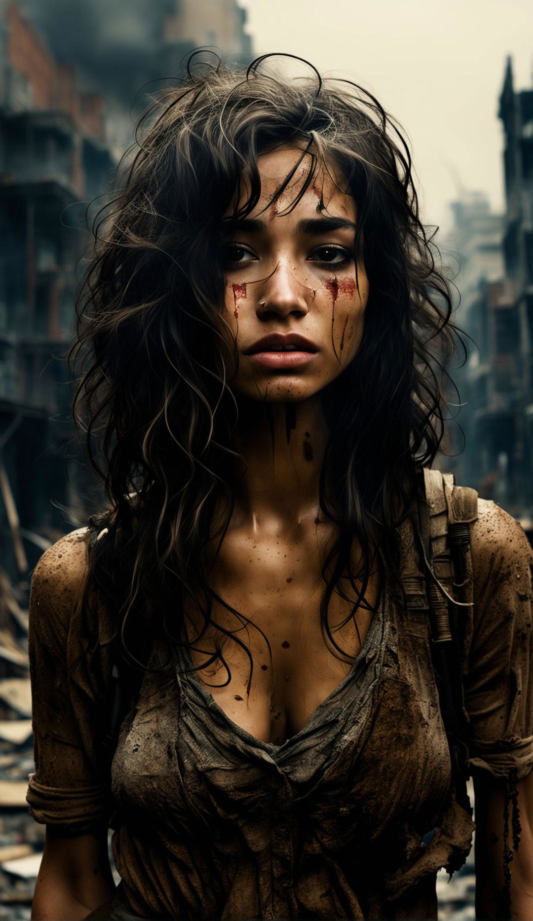 A 16k high-resolution photo-realistic image of a sad 23-year-old woman with thick messy dark hair, closed eyes with tears on her eyelashes and tear-tracks on her dirty face, detailed voluminous chapped lips against a war-torn cityscape background in low light, in the style of James Nachtwey's photography.