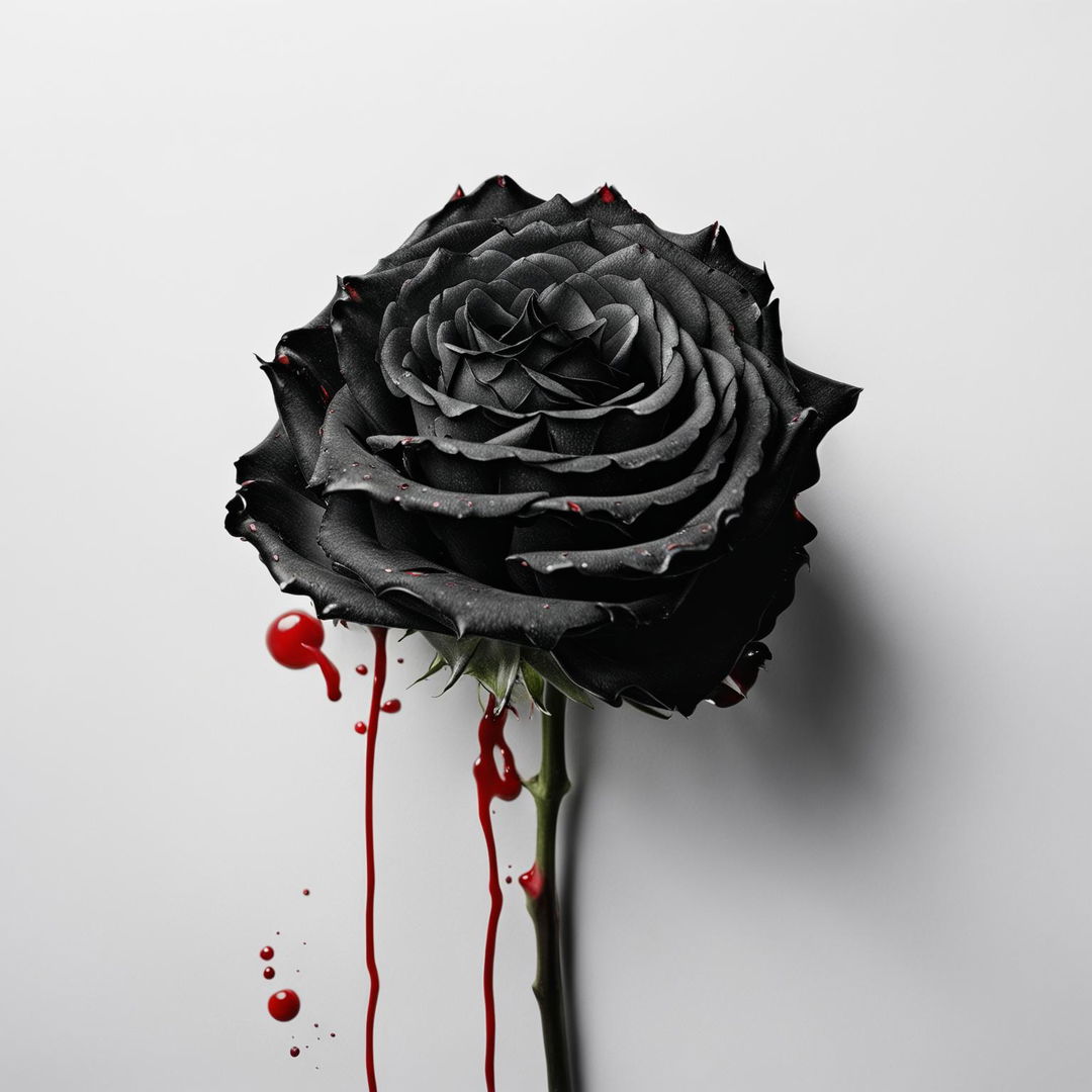 Minimalist album cover art featuring a black rose on a white backdrop with a single droplet of blood falling from its tip.