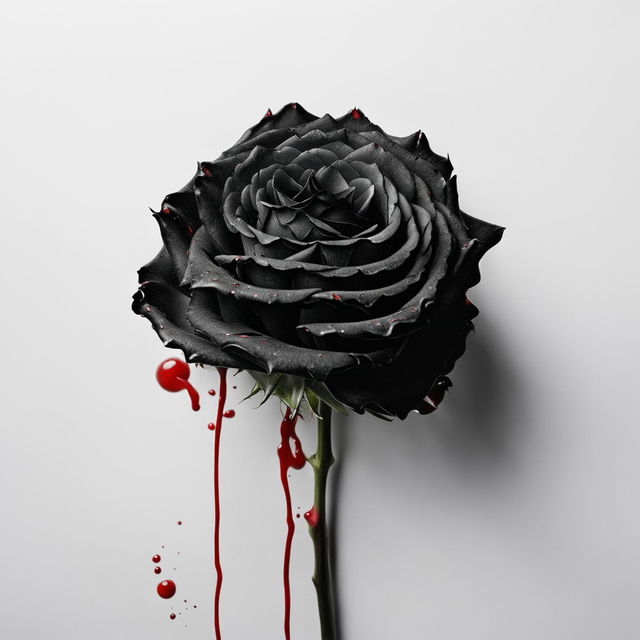 Minimalist album cover art featuring a black rose on a white backdrop with a single droplet of blood falling from its tip.