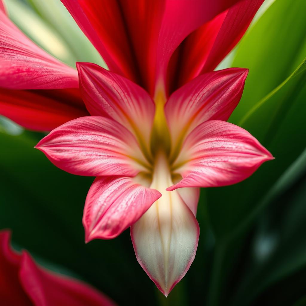 A close-up artistic depiction of a stylized flower with petal shapes that delicately mimic the form of a vagina, surrounded by vibrant colors such as deep reds, pinks, and purples, with a soft-focus background of lush green leaves and soft light filtering through