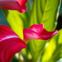 A close-up artistic depiction of a stylized flower with petal shapes that delicately mimic the form of a vagina, surrounded by vibrant colors such as deep reds, pinks, and purples, with a soft-focus background of lush green leaves and soft light filtering through