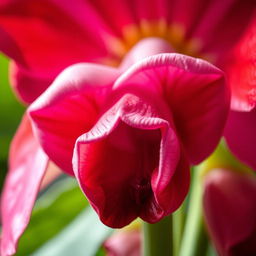 A close-up artistic depiction of a stylized flower with petal shapes that delicately mimic the form of a vagina, surrounded by vibrant colors such as deep reds, pinks, and purples, with a soft-focus background of lush green leaves and soft light filtering through