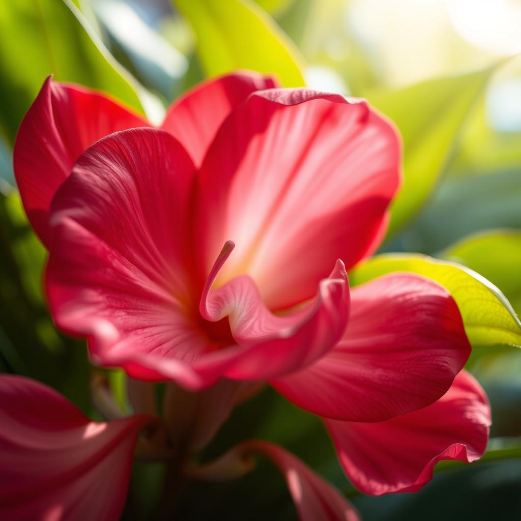 A close-up artistic depiction of a stylized flower with petal shapes that delicately mimic the form of a vagina, surrounded by vibrant colors such as deep reds, pinks, and purples, with a soft-focus background of lush green leaves and soft light filtering through