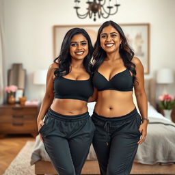 A visually striking image featuring two beautiful, thick, and busty Indian housewives aged 35, standing together in a cozy bedroom