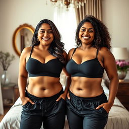 A visually striking image featuring two beautiful, thick, and busty Indian housewives aged 35, standing together in a cozy bedroom