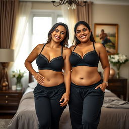 A visually striking image featuring two beautiful, thick, and busty Indian housewives aged 35, standing together in a cozy bedroom