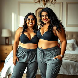 A visually striking image featuring two beautiful, thick, and busty Indian housewives aged 35, standing together in a cozy bedroom