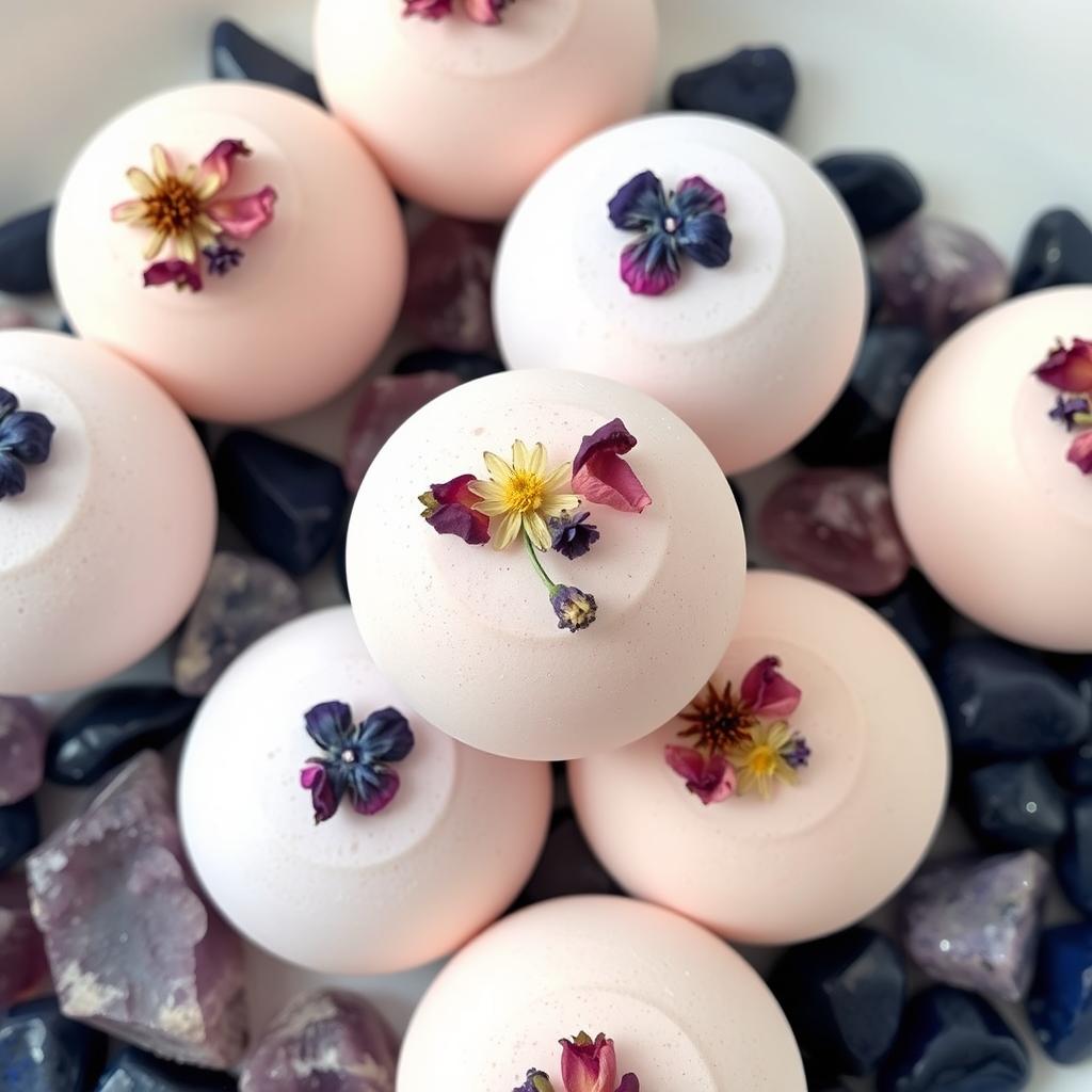 An elegant display of single-colored bath bombs, each featuring a smooth surface with pressed dried flowers on top, including delicate rose and fragrant lavender