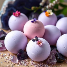 An elegant display of single-colored bath bombs, each featuring a smooth surface with pressed dried flowers on top, including delicate rose and fragrant lavender