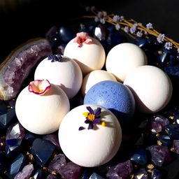 An elegant display of single-colored bath bombs, each featuring a smooth surface with pressed dried flowers on top, including delicate rose and fragrant lavender