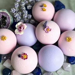 An elegant display of single-colored bath bombs, each featuring a smooth surface with pressed dried flowers on top, including delicate rose and fragrant lavender