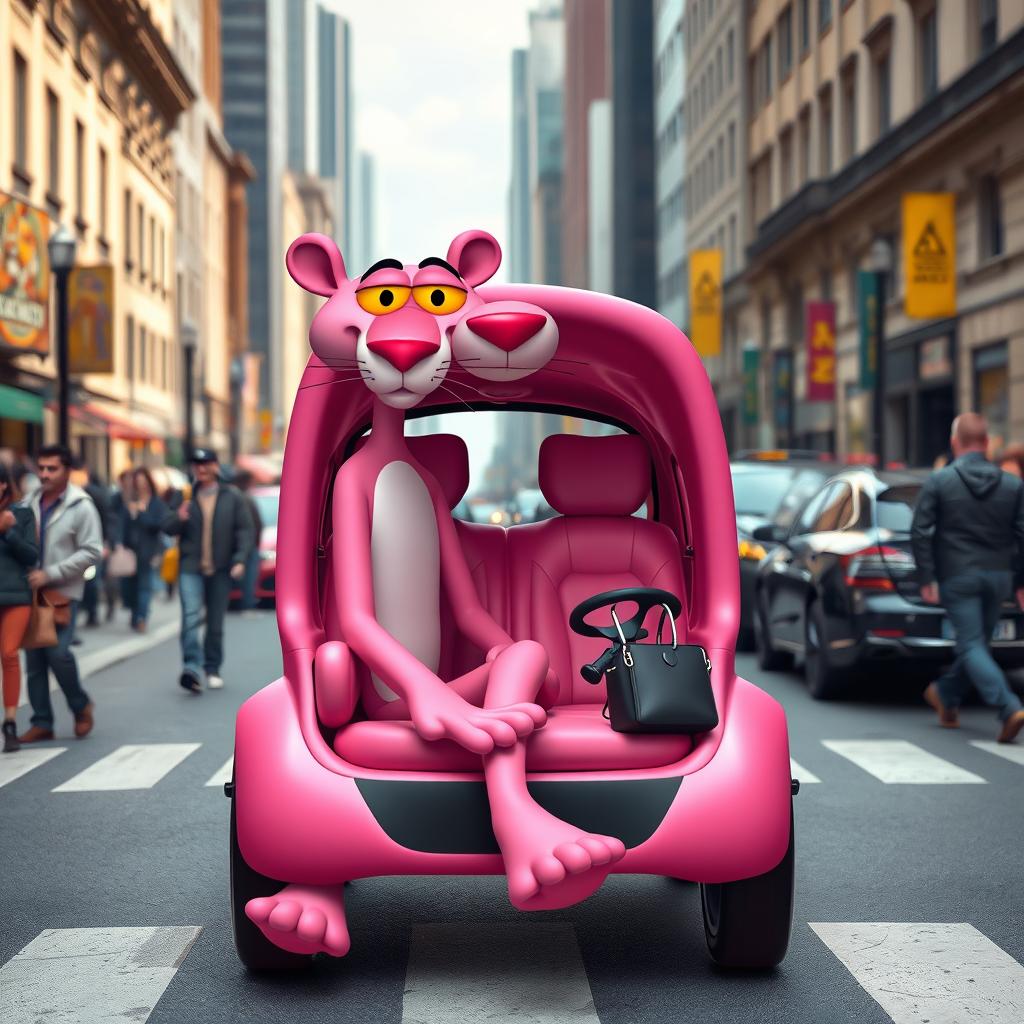 A whimsical and humorous interpretation of the Pink Panther, depicted as a clever and discreet transport vehicle