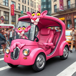 A whimsical and humorous interpretation of the Pink Panther, depicted as a clever and discreet transport vehicle