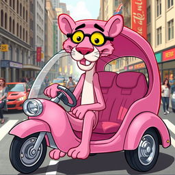 A whimsical and humorous interpretation of the Pink Panther, depicted as a clever and discreet transport vehicle