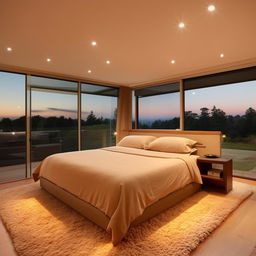 A cozy yet modern bedroom design featuring warm led lights, a plush king-size bed, soft beige carpet, minimalist furniture, and large windows showcasing a serene outdoor view.