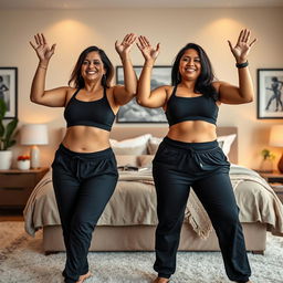 Two middle-aged thick beautiful Indian housewives aged 35, standing confidently in a stylish and cozy bedroom