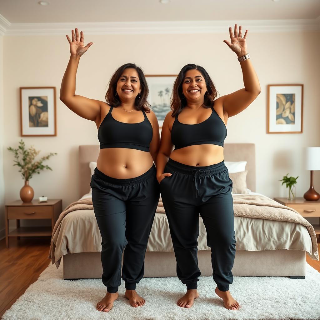 Two middle-aged thick beautiful Indian housewives aged 35, standing confidently in a stylish and cozy bedroom