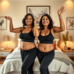 Two middle-aged thick beautiful Indian housewives aged 35, standing confidently in a stylish and cozy bedroom