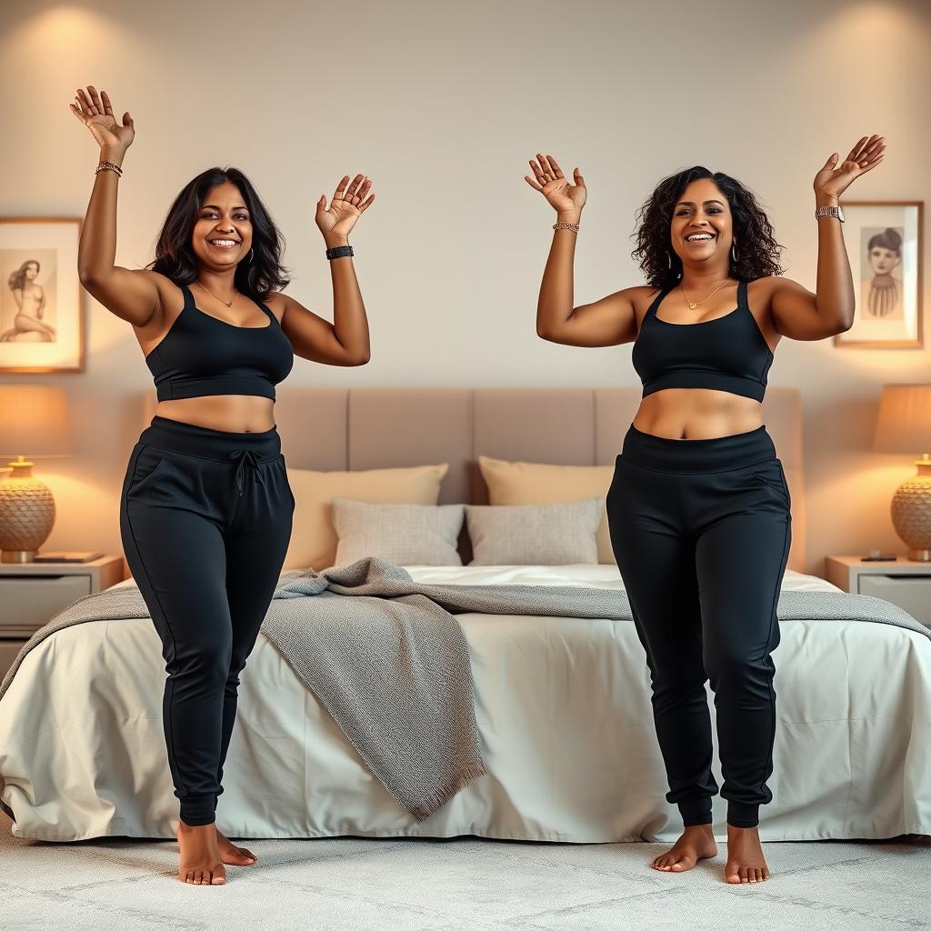 Two middle-aged thick beautiful Indian housewives aged 35, standing confidently in a stylish and cozy bedroom