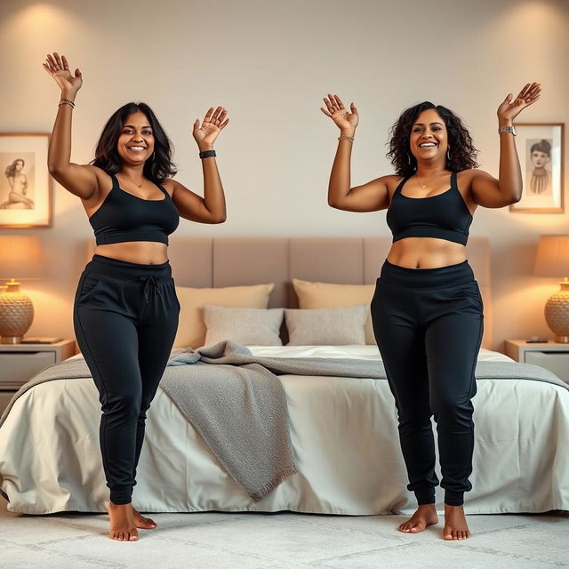 Two middle-aged thick beautiful Indian housewives aged 35, standing confidently in a stylish and cozy bedroom