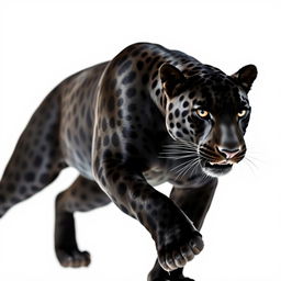 A stunning close-up photograph of a majestic black jaguar in motion, showcasing its powerful muscles and elegant form, captured against a pristine white background