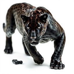 A stunning close-up photograph of a majestic black jaguar in motion, showcasing its powerful muscles and elegant form, captured against a pristine white background