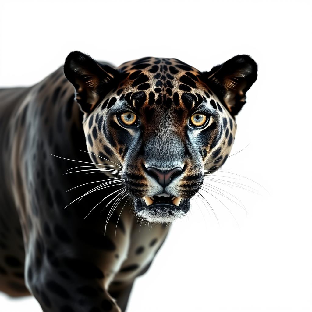 A stunning close-up photograph of a majestic black jaguar in motion, showcasing its powerful muscles and elegant form, captured against a pristine white background