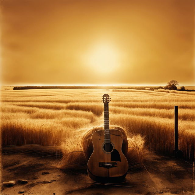 Vintage-style country music album cover featuring a rustic guitar against a barn door, with a wheat field and setting sun in the background.