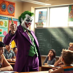 The Joker passionately explaining osmosis in a vibrant classroom setting, filled with colorful posters of cellular diagrams on the walls