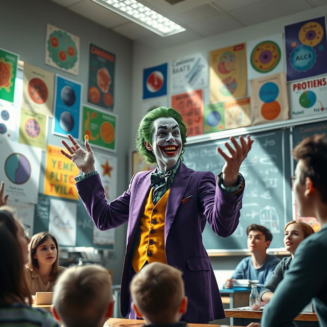 The Joker passionately explaining osmosis in a vibrant classroom setting, filled with colorful posters of cellular diagrams on the walls