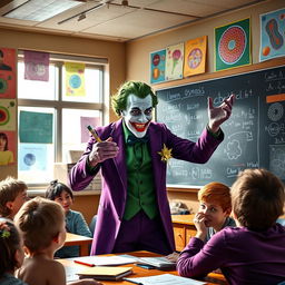 The Joker passionately explaining osmosis in a vibrant classroom setting, filled with colorful posters of cellular diagrams on the walls