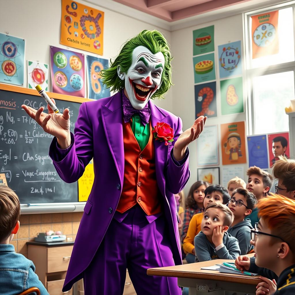 The Joker passionately explaining osmosis in a vibrant classroom setting, filled with colorful posters of cellular diagrams on the walls