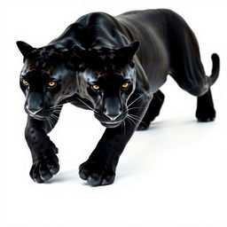 A breathtaking close-up photograph capturing the full body of a majestic black jaguar moving stealthily, set against a stark white background