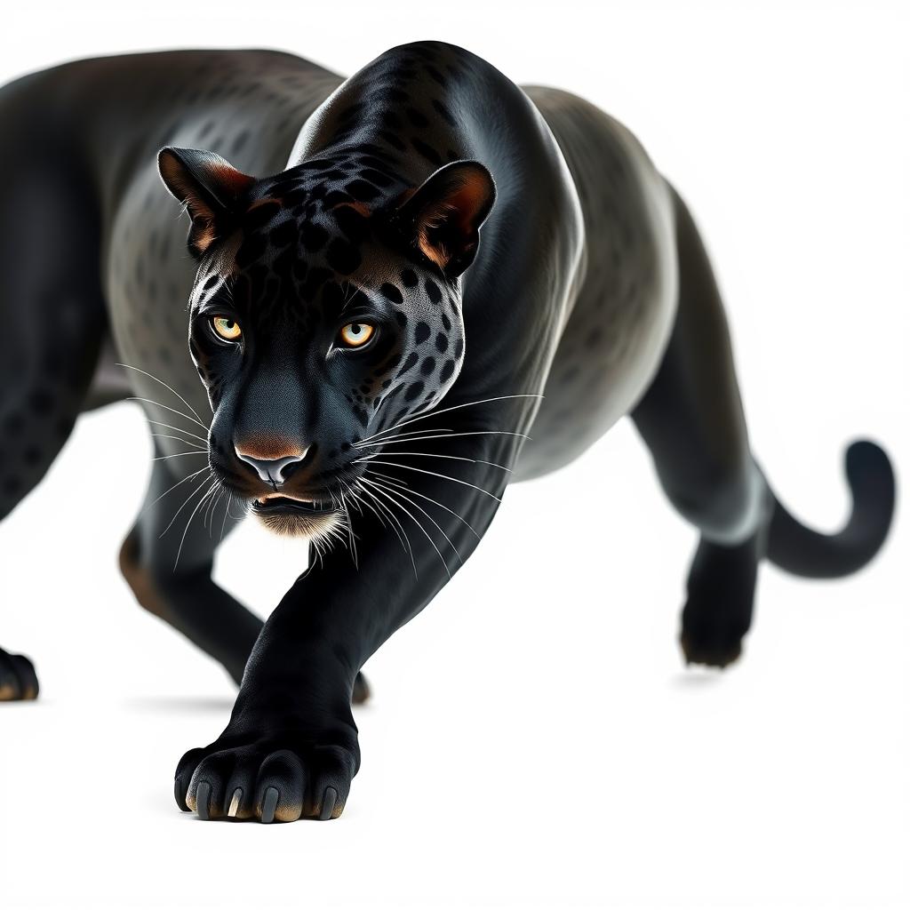 A breathtaking close-up photograph capturing the full body of a majestic black jaguar moving stealthily, set against a stark white background