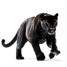 A breathtaking close-up photograph capturing the full body of a majestic black jaguar moving stealthily, set against a stark white background