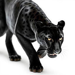 A breathtaking close-up photograph capturing the full body of a majestic black jaguar moving stealthily, set against a stark white background