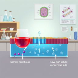 A detailed illustration of osmosis, showing a semi-permeable membrane separating two solutions of different concentrations