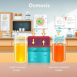 A detailed illustration of osmosis, showing a semi-permeable membrane separating two solutions of different concentrations