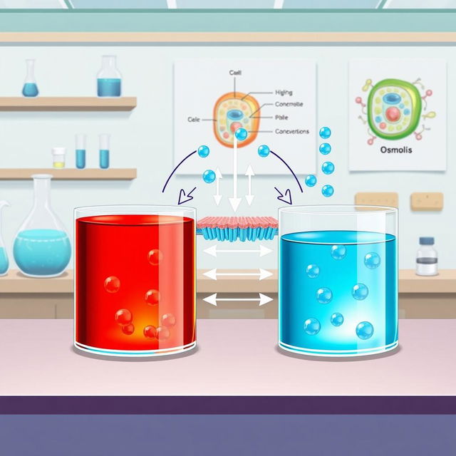 A detailed illustration of osmosis, showing a semi-permeable membrane separating two solutions of different concentrations