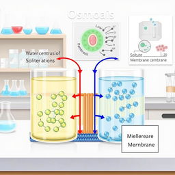 A detailed illustration of osmosis, showing a semi-permeable membrane separating two solutions of different concentrations