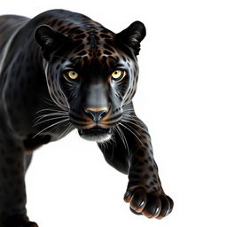 A striking close-up photograph of a majestic black jaguar, captured in full view as it faces the camera, moving stealthily against a bright white background