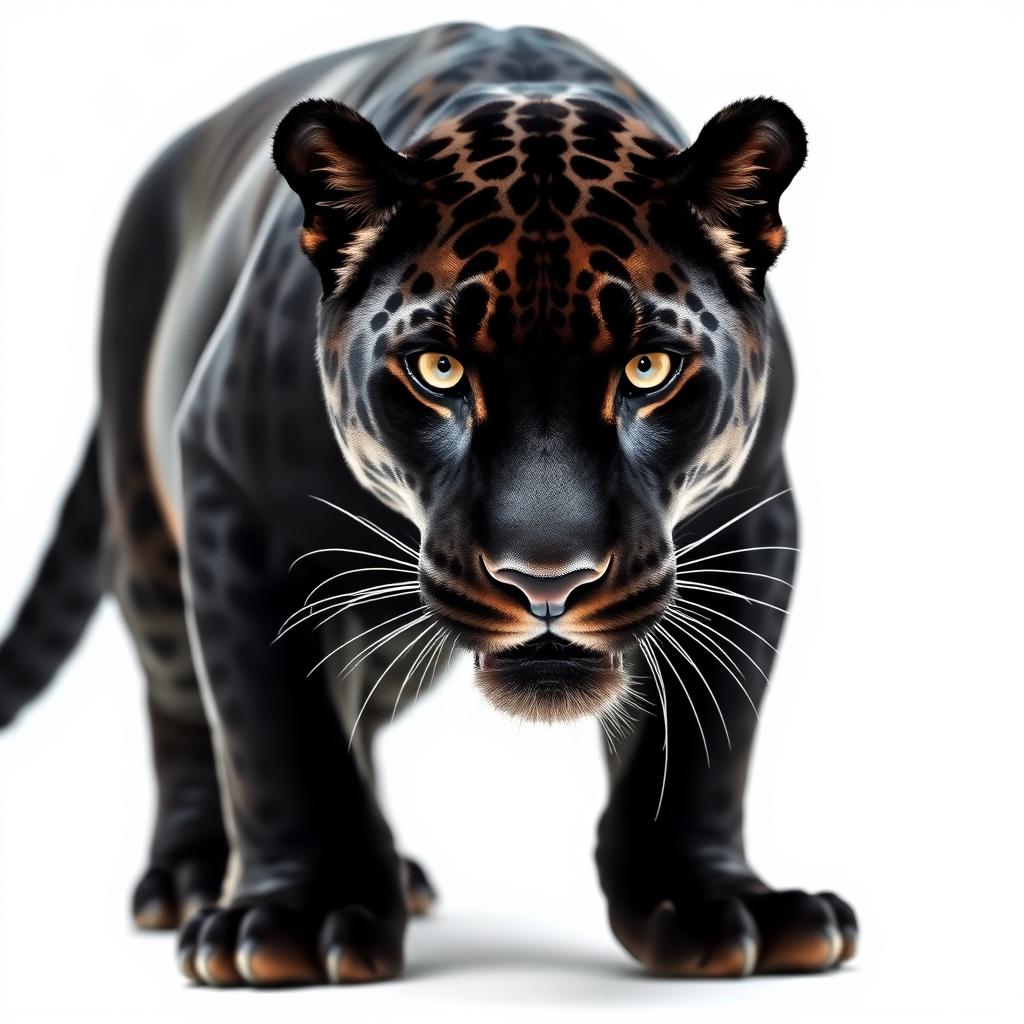 A striking close-up photograph of a majestic black jaguar, captured in full view as it faces the camera, moving stealthily against a bright white background