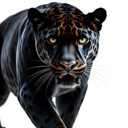 A striking close-up photograph of a majestic black jaguar, captured in full view as it faces the camera, moving stealthily against a bright white background